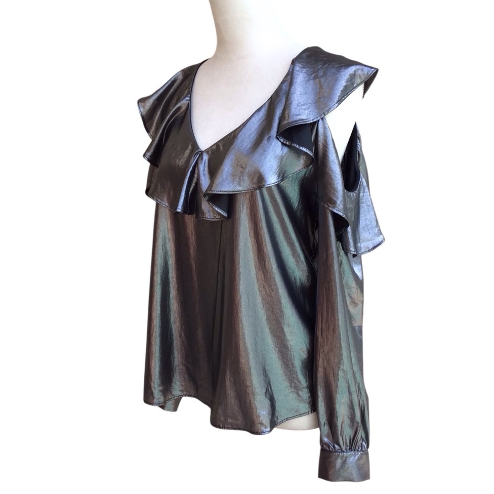 Revolve Krisa Metallic Cold Shoulder Ruffle Blouse - Picture 2 of 7